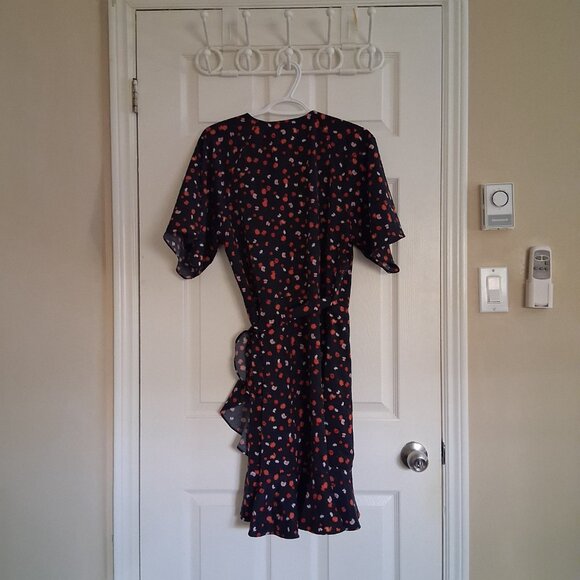 7 For All Mankind Women's Size Large Black Red Floral True Wrap Mini Dress - Picture 3 of 11